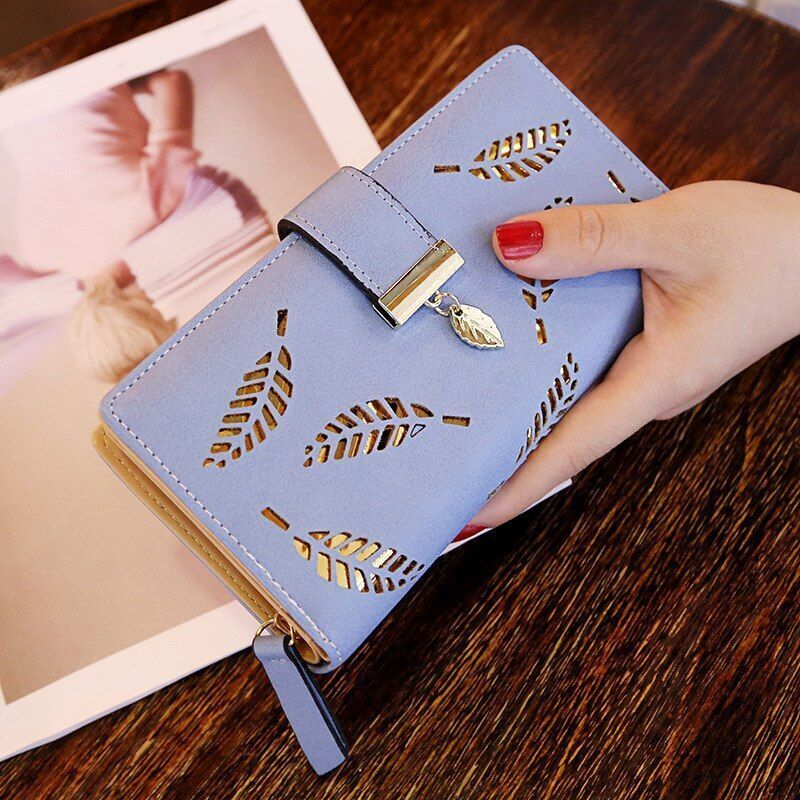 Fashion Hollow Leaf Wallet Casual Leather Pouch Zipper Card Bag Clutch Polyester