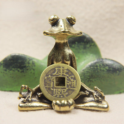 Retro Brass Meditate Zen Buddhism Frog Statue With Ancient Chinese Coins Lucky