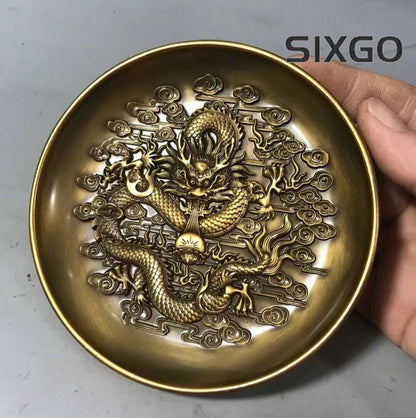 Fortune Chinese bronze dragon statue collectable tea pet plate home decor Art