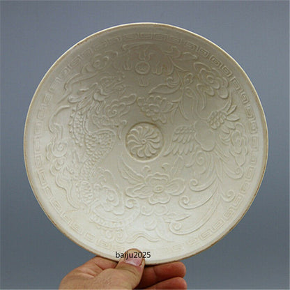 Chinese Antique Song Dynasty Ding Kiln White Glaze Porcelain Dragon Phoenix Bowl