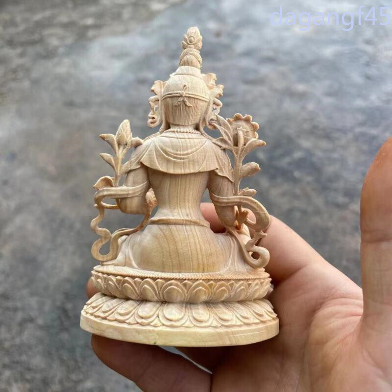 10.8*7.3*5.3cm Handmade Buddhist Boxwod Tara Buddha Carving Collect Wealth