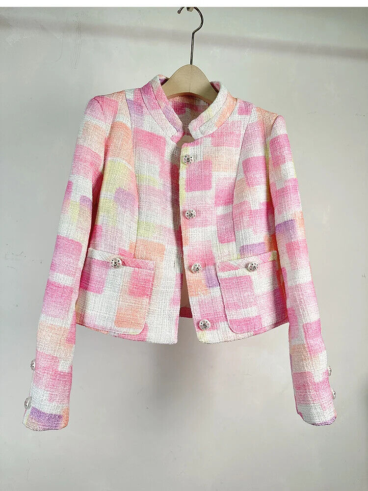 Autumn Winter French Plaid Tweed Short Jacket Coat Women Pockets Outwear