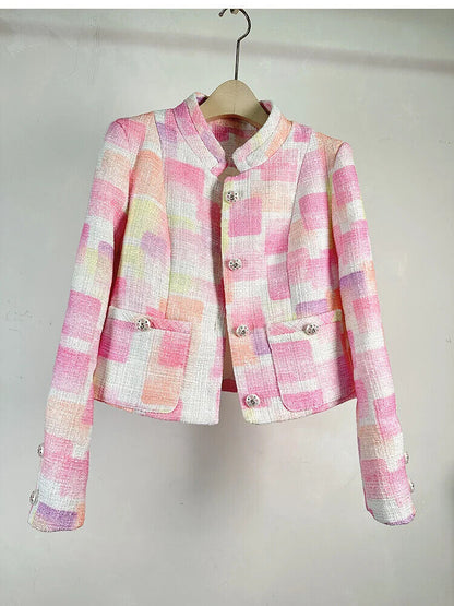 Autumn Winter French Plaid Tweed Short Jacket Coat Women Pockets Outwear