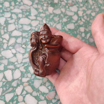 Vintage Wood Wooden Carved Carving Figure Ornament Buddha Statues Funny Wine Jar
