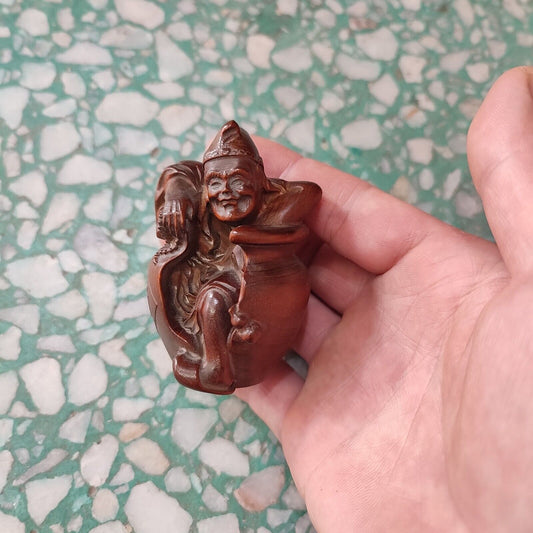 Vintage Wood Wooden Carved Carving Figure Ornament Buddha Statues Funny Wine Jar