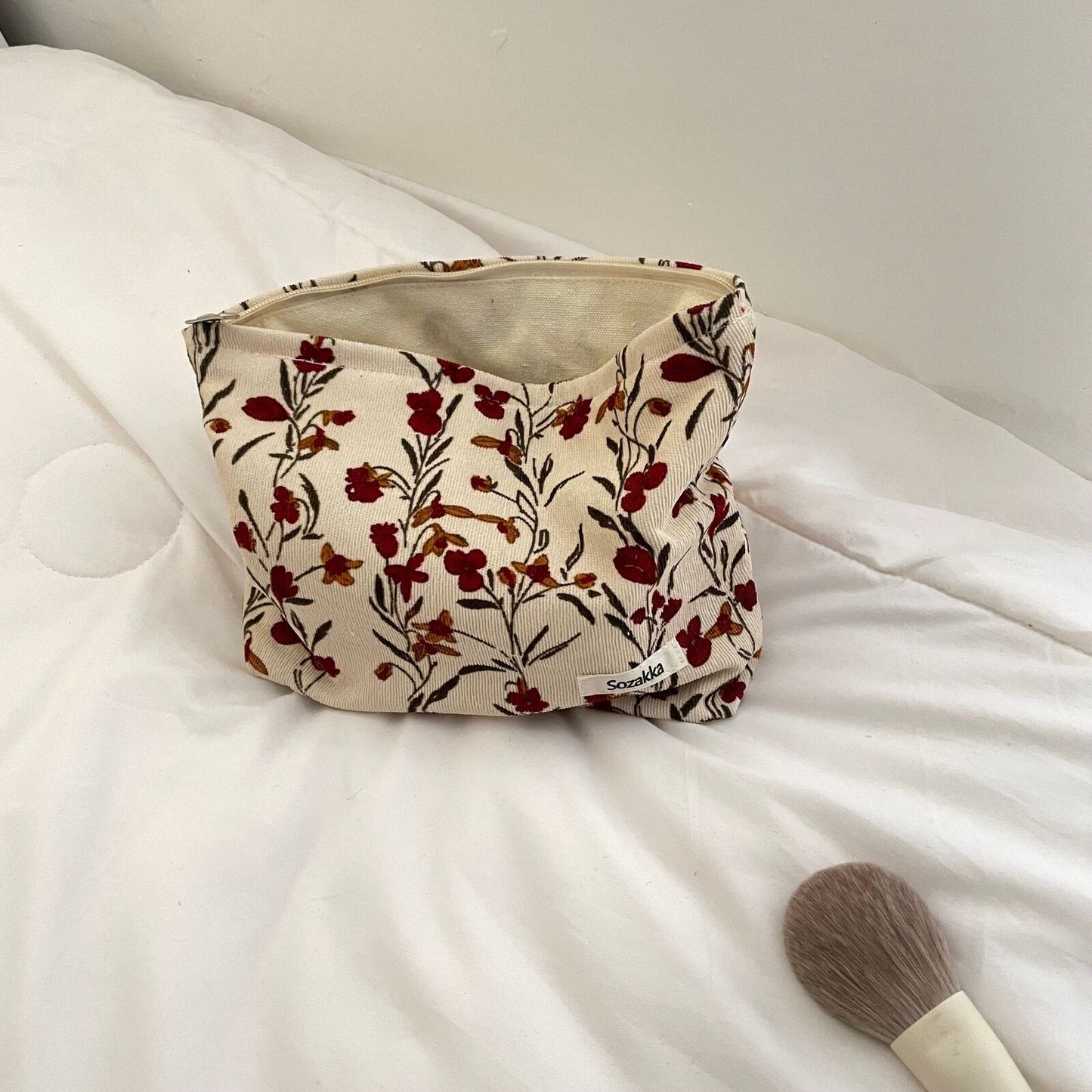 Fashion Corduroy Cosmetic Bag Retro Flower Print Travelling Beauty Storage Bags