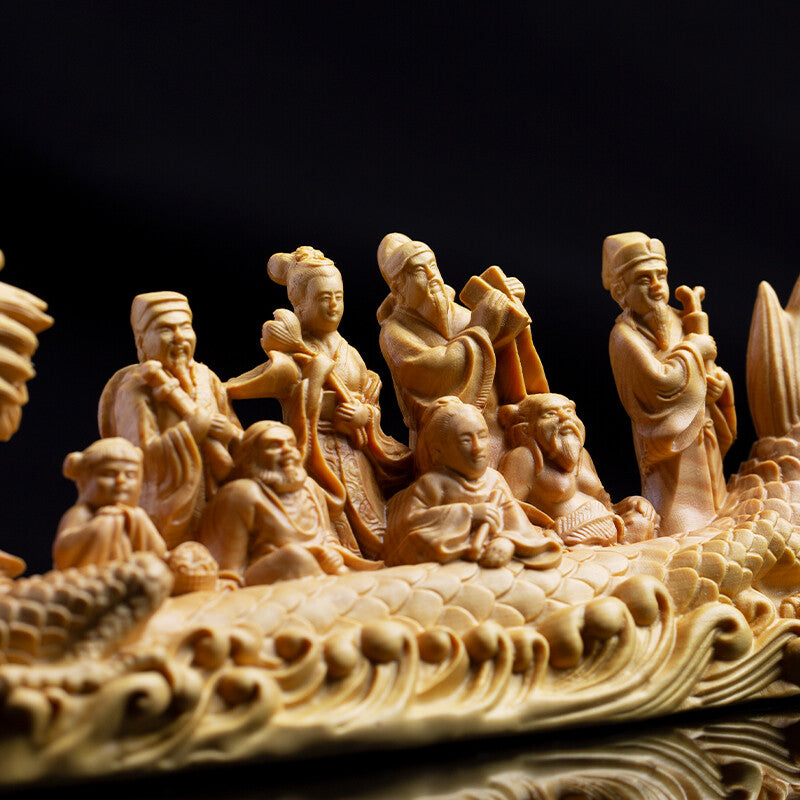 Boxwood Carved Eight Immortals Cross the Sea Statue Dragon Boat Feng Shui Decor