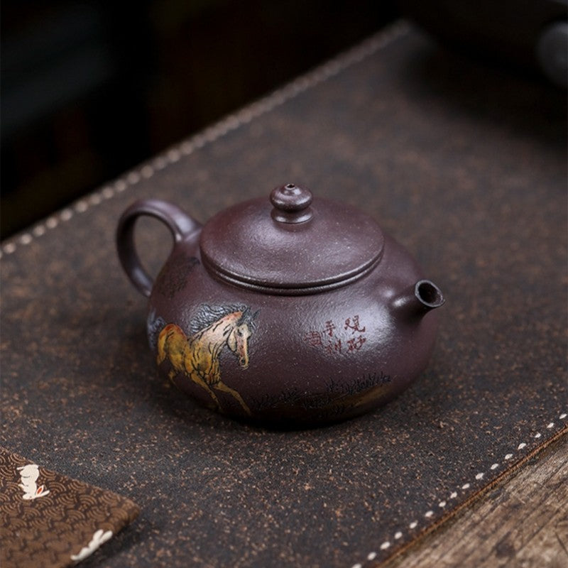 Handmade Tea Pot 14 Infuser Holes Horse Carved Real Yixing Zisha Old Purple Clay