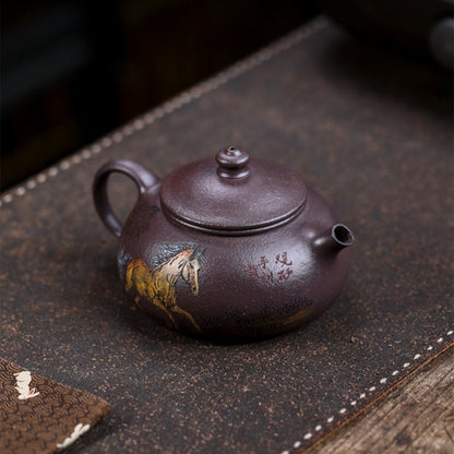 Handmade Tea Pot 14 Infuser Holes Horse Carved Real Yixing Zisha Old Purple Clay