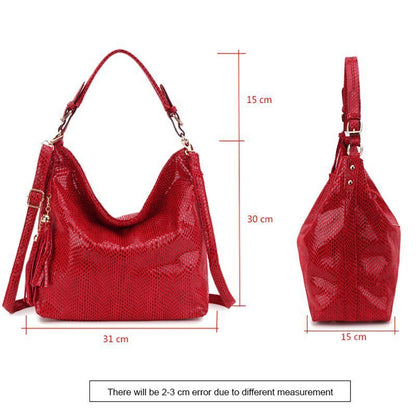 Snake Pattern Shoulder Bag Serpentine Hobo Bag Tassel Handbag Purse Big Red Tote