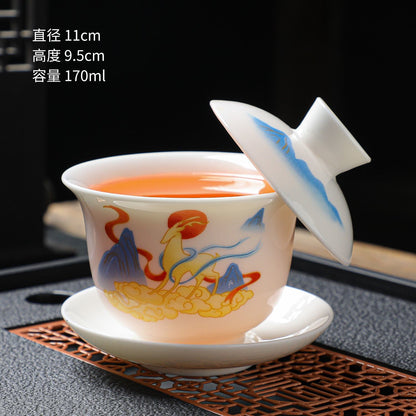 San Cai Gaiwan Tea Bowls and Cups Mutton-fat Jade Ceramics Tea Set Household