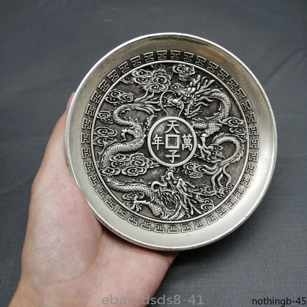Chinese silver engraving favors "Ssangyong" plate metal crafts decoration -