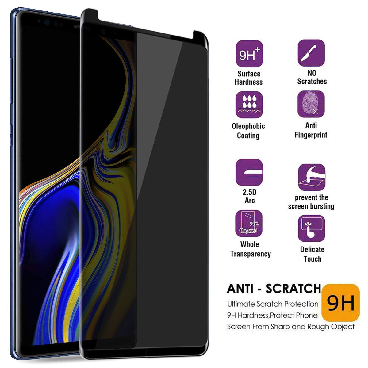 For Samsung Galaxy Note 9 Glossy Slim Privacy Tempered Glass Screen Protector