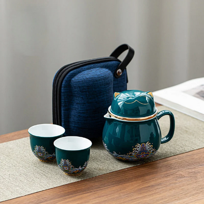 Ceramic Tea cups and Sets Cute Cat Portable Tea Set with Travel Case