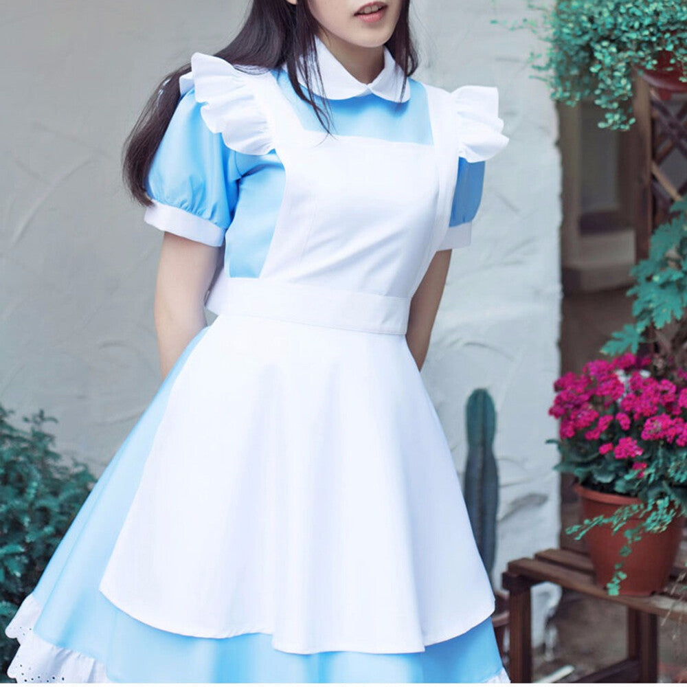 Alice in Wonderland Costume Waitress Uniform Maid Blue Dress Halloween Cosplay