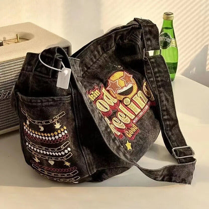 Retro Denim Jeans Tote Cool Girl Shoulder Bags Student Shopping Handbag