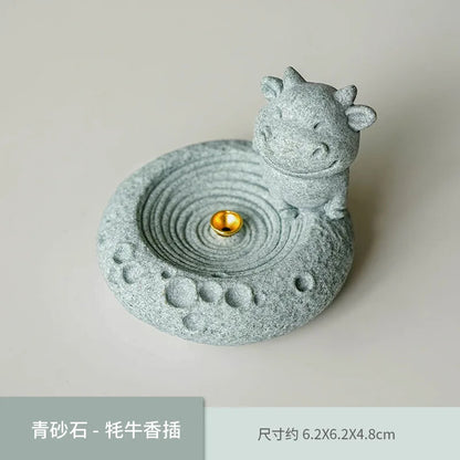 Green Sandstone Cute Cat Incense Holder Cute Rabbit Incense Burner Zen Decor