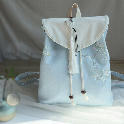 Canvas Embroidered Flower Backpack Tassel Casual Bundle Girls Mouth Bag Womens