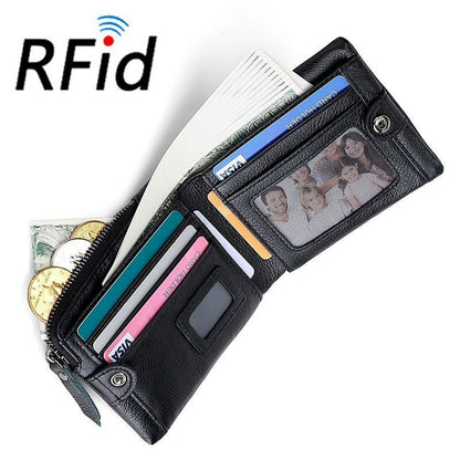 Zipper Coin Purse Genuine Leather Wallet Card Holder RFID Blocking Card Holder