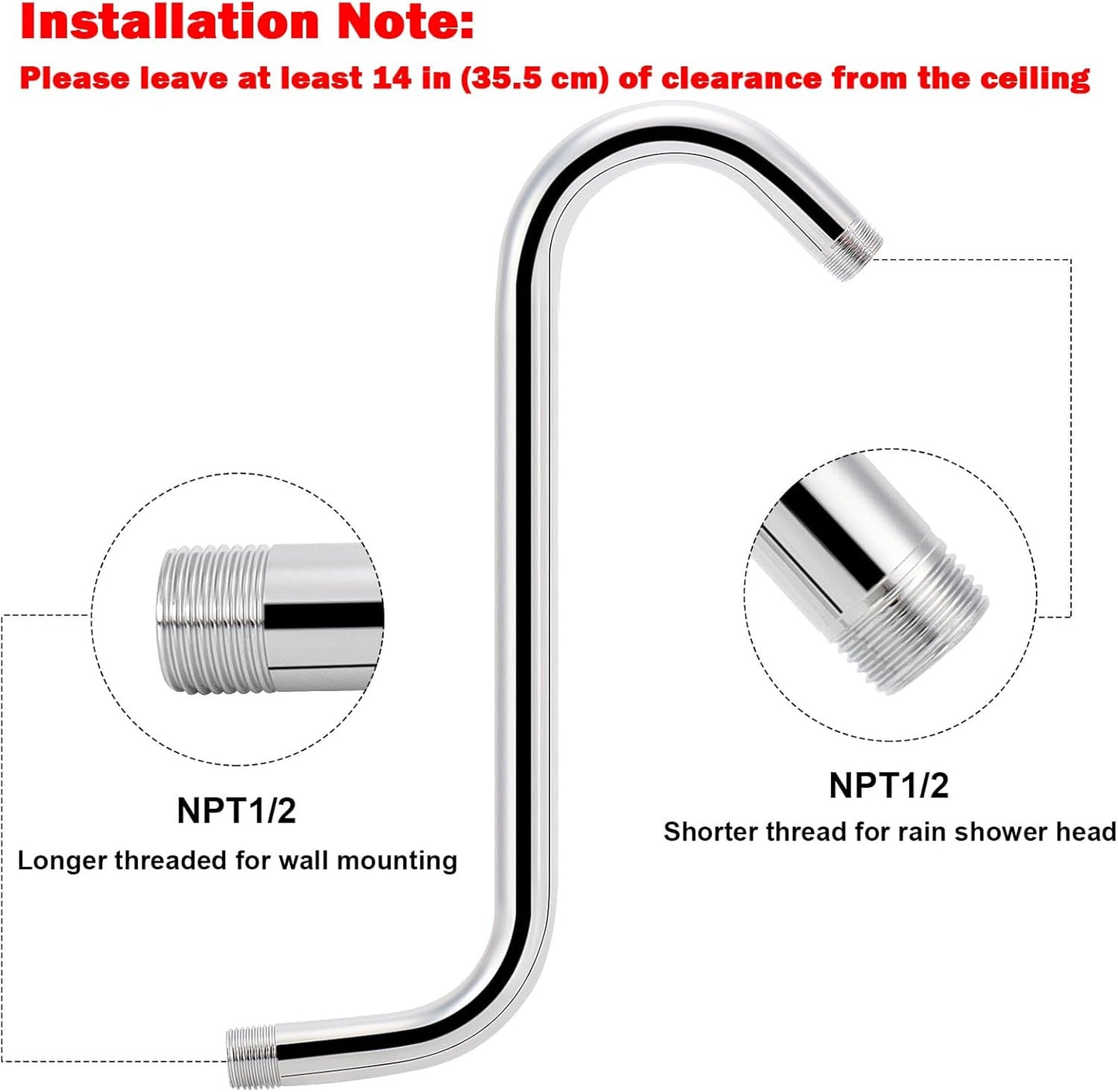 S Shaped Shower Head Riser Arm, Shower Extender Arm with Flange, Standard 1/2" C