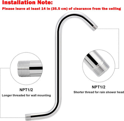 S Shaped Shower Head Riser Arm, Shower Extender Arm with Flange, Standard 1/2" C