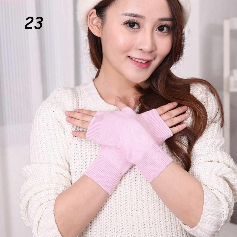 Women Winter Gloves Cashmere Knitted Cotton Fingerless Warm Stretch Half Mittens