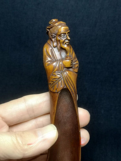 Chinese Boxwood Hand Carved Old Man Longevity Statue Tea Spoon Collection