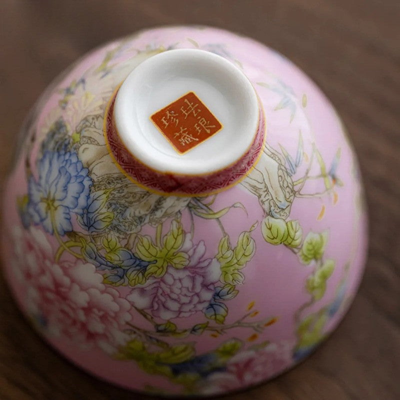 65ml Chinese Enamel Tea Cup Ceramic Peony Master Cup Tea Set Small Tea Bowl