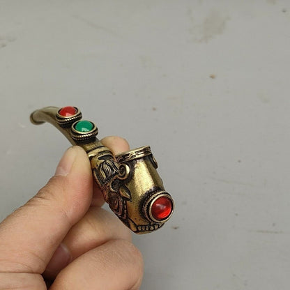 Old brass copper inlay gemstone handmade Cigarette holder Smoking tools