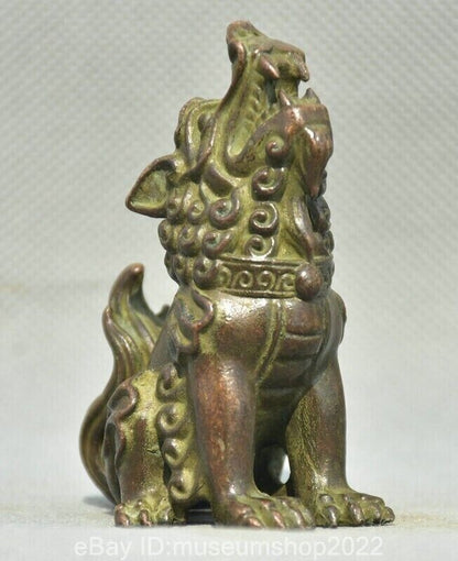 2.6" Old Chinese Dynasty Bronze Fengshui Animal Foo Fu Dog Guardion Lion Statue