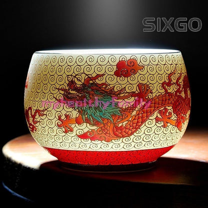 Chinese Style Sheep Fat Jade Porcelain Tea Cup Tea Set Dragon Phoenix Cup