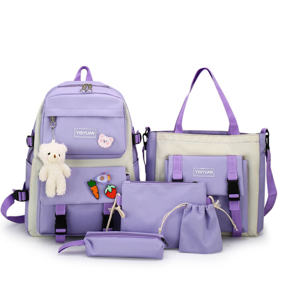 5Pcs Women Girls School Bag Backpack Kawaii Student Bookbag Rucksack Waterproof