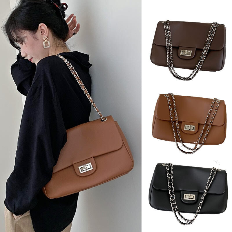 Real Leather Small Flap Purse Shoulder Bag Double Chains Crossbody Work Handbag