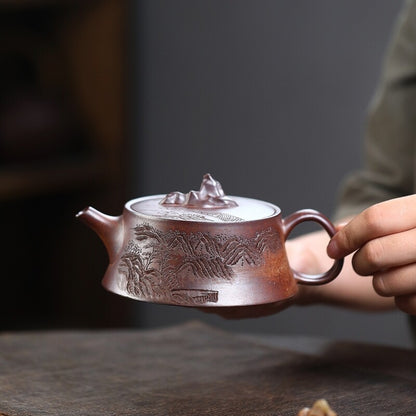 Full Handmade Tea Pot Hand Carved Mountain Design Real Yixing Zisha Master Pot