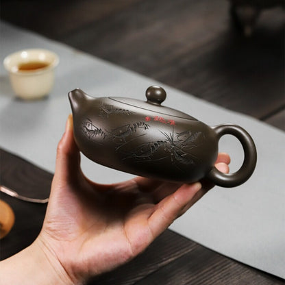 rare original ore real yixing zisha tea pot handmade master pot shrimp carved