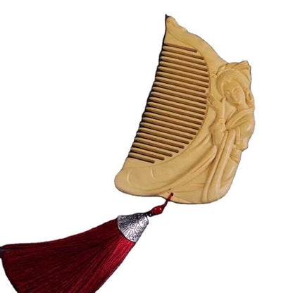 116*65*12mm Fairy Playing the Piano Comb Hand Carving Boxwood Crafts Gift Comb