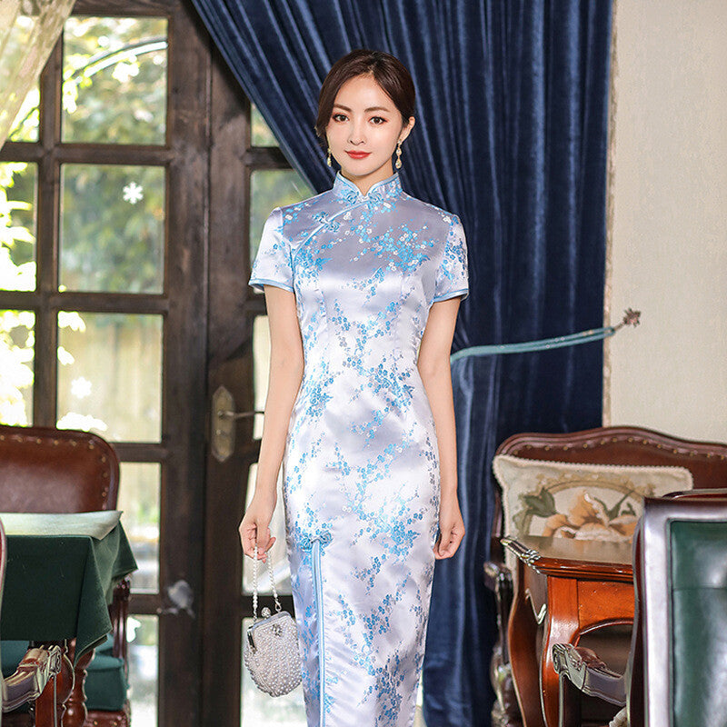 Women Prom Gown Summer Silk Satin Dress Chinese Traditional Cheongsam Size S-4XL