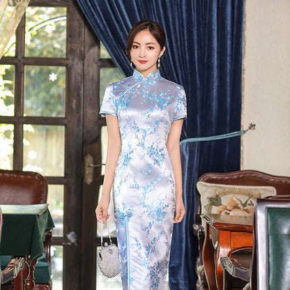 Women Prom Gown Summer Silk Satin Dress Chinese Traditional Cheongsam Size S-4XL