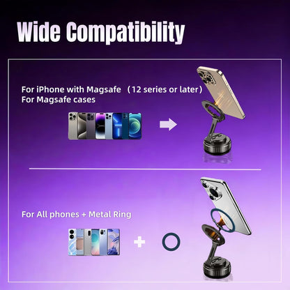 Magnetic Vacuum Car Phone Holder with Strong Suction Cup 360° Adjustable Foldabl