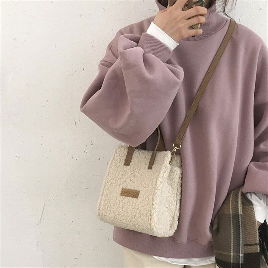 Women Winter Shoulder Bag Lamb Wool Autumn Cross-body Beige Khaki Girls
