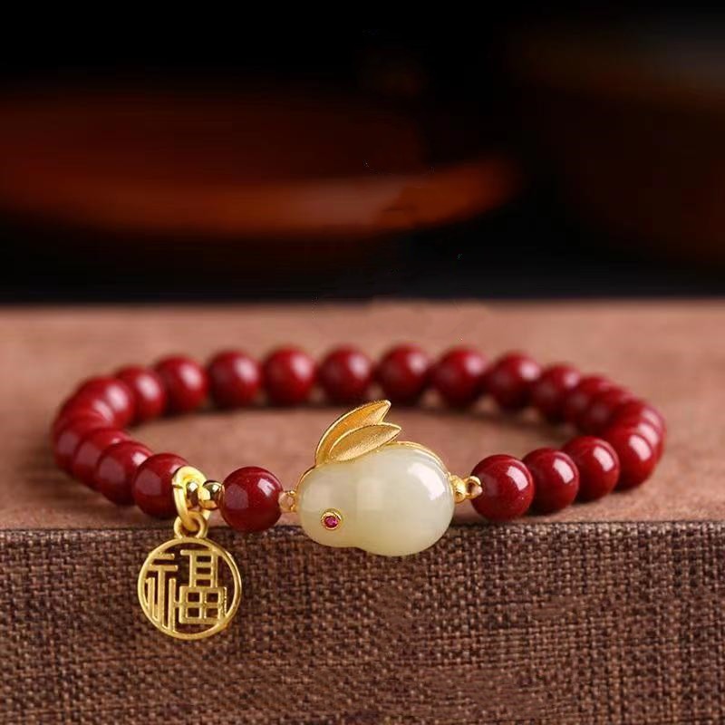 Natural Raw Ore Cinnabar Jade Rabbit Inlay and Tianyufu Hand String