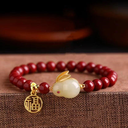 Natural Raw Ore Cinnabar Jade Rabbit Inlay and Tianyufu Hand String