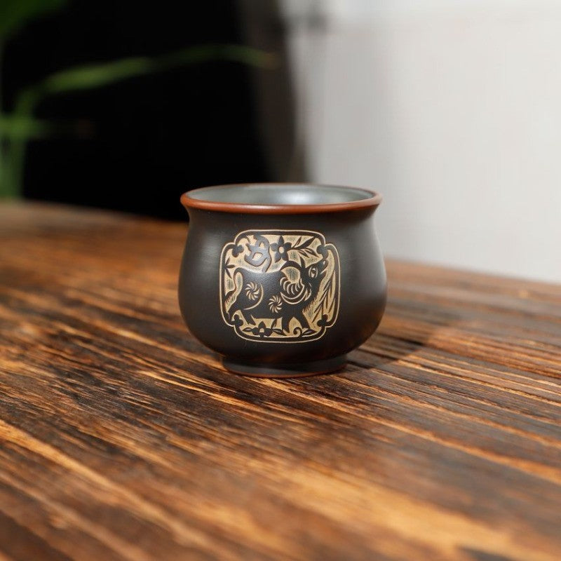 70ml Chinese Purple Pottery Handcarved Twelve Zodiac Master Cup Kungfu Teaware