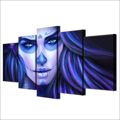 Day Of The Dead Violet Women Face 5 Panel Canvas Print Modern Wall Art Poster