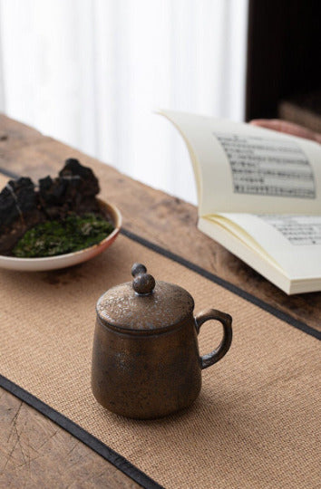 Coarse Pottery Tea Mug Ceramic Tea Cup with Gourd Lid