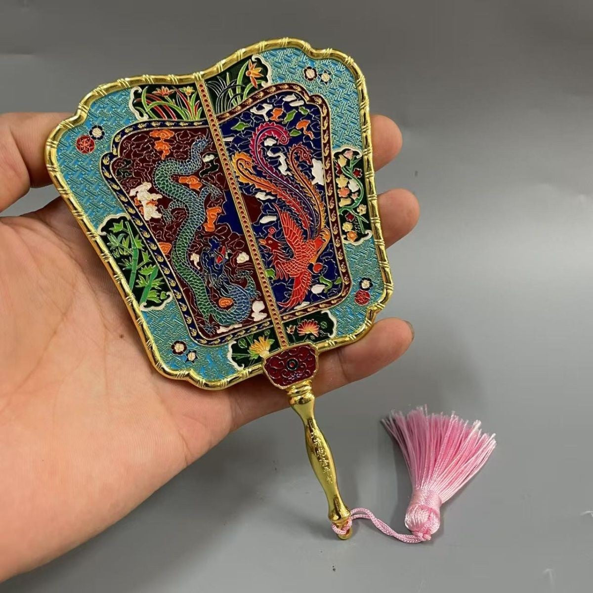 Enamel Painted Qianlong Dragon Phoenix Fan Antique Banana Fan Home Collection