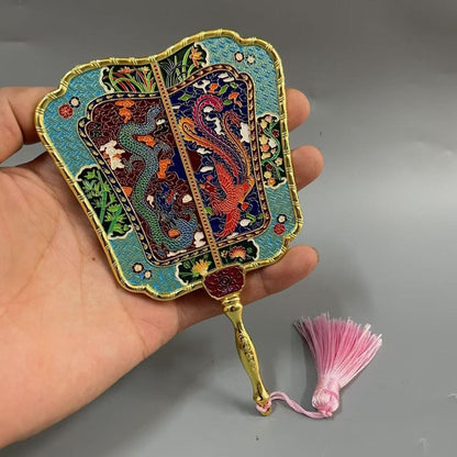 Enamel Painted Qianlong Dragon Phoenix Fan Antique Banana Fan Home Collection