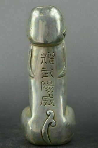 Chinese Tibet Silver Carved Guard Foo Dogs Lion Male Statues
