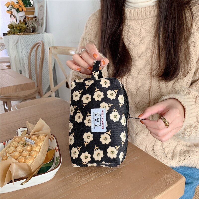Corduroy Plaid Flower Cosmetic Lipstick Case Travel Makeup Bag 17*10*7/25*18*5CM