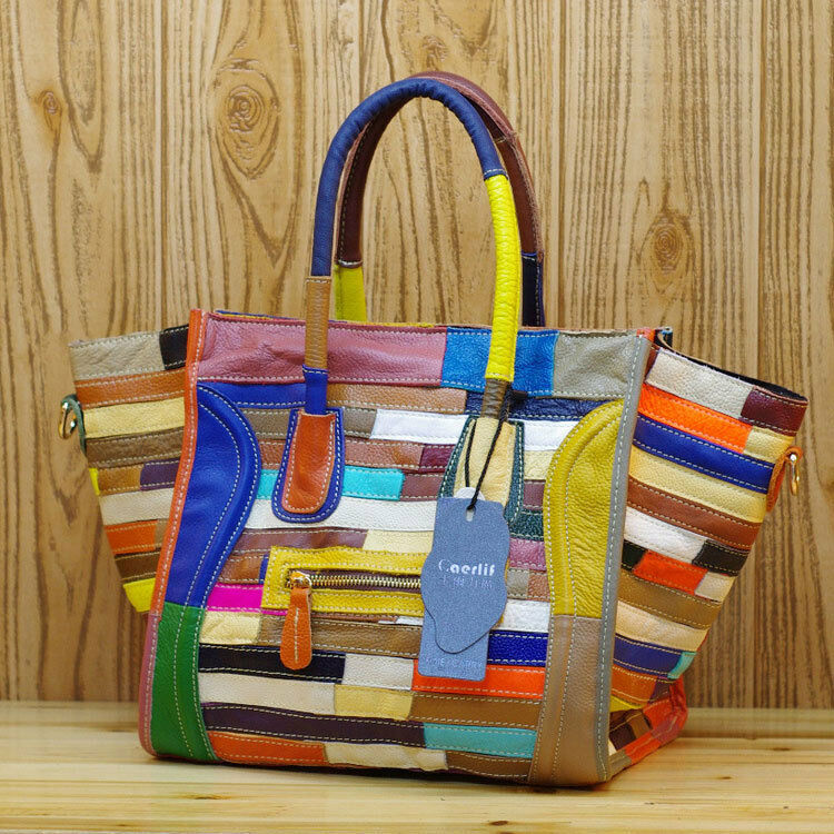 Women's Bag Luxury Genuine Leather Tote Colorful Blocks Patchwork Crossbody Bag